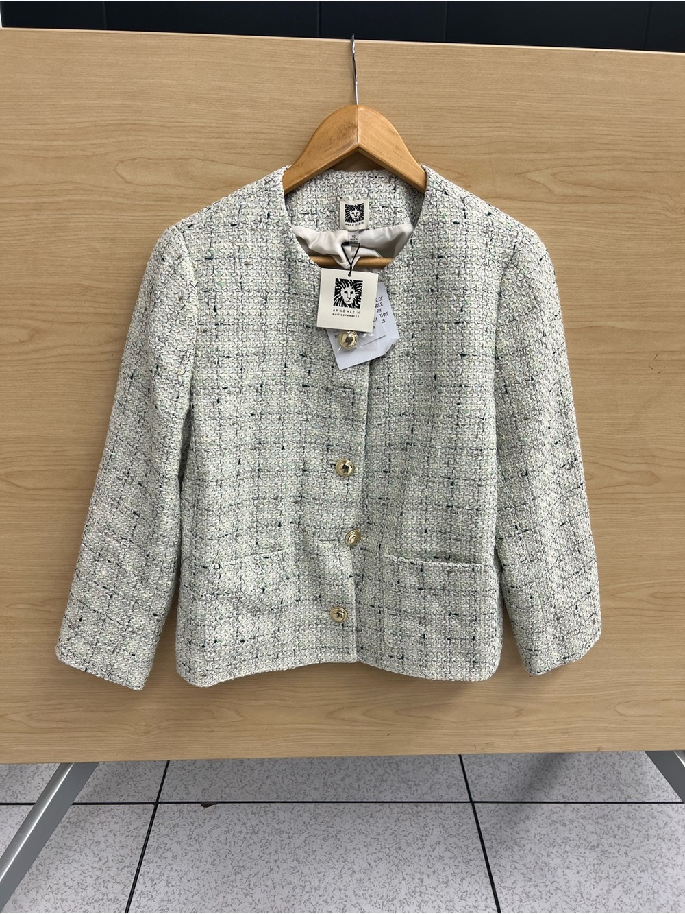 Anne Klein Cream Tweed Button-Front Blazer with Gold Buttons